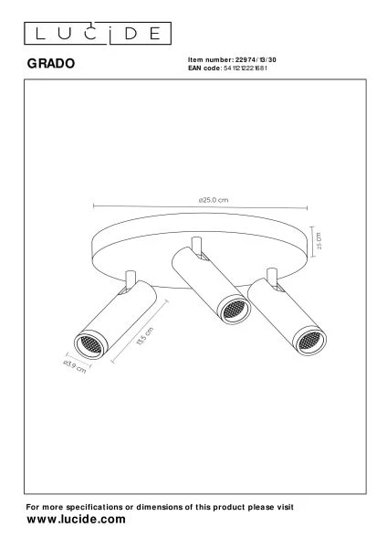 Lucide GRADO - Spot plafond - Ø 25 cm - 3xGU10 (MR11) - Noir - technique